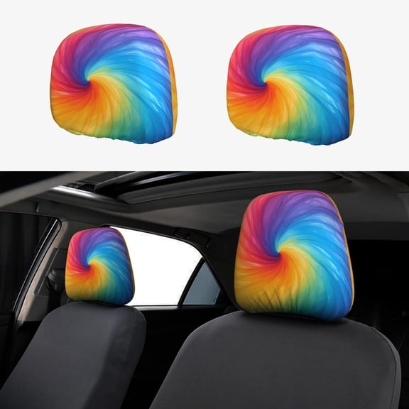 Car Headrest Covers 2pcs Full-Coverage Headrest Covers For Most Car Models Darkorchid Tie Dye Background Rainbow Colors (2)