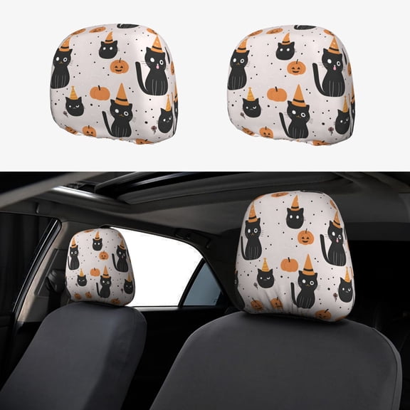 Car Headrest Covers 2pcs Full-Coverage Headrest Covers For Most Car Models Halloween Cat Pumpkin
