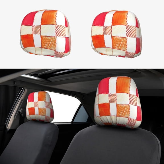 Car Headrest Covers 2pcs Full-Coverage Headrest Covers For Most Car Models Orangered Houndstooth Checkered Hand-Drawn Sketch_4