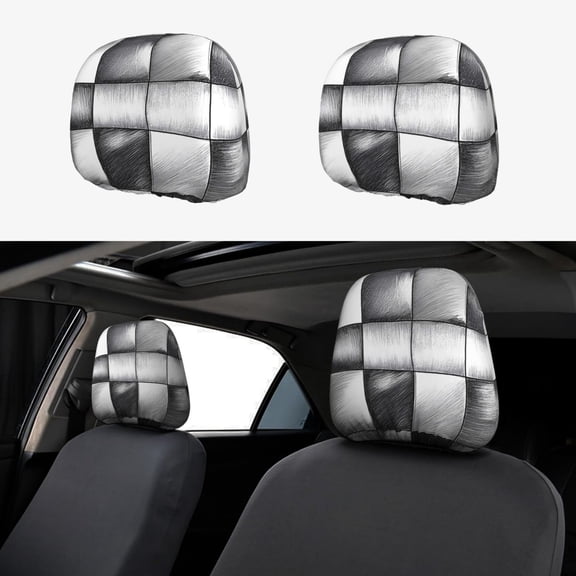 Car Headrest Covers 2pcs Full-Coverage Headrest Covers For Most Car Models Silver Checked Hand-Drawn Sketch_2