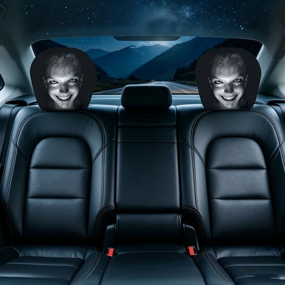 Car Headrest Covers Scary Face Printing Auto Seat Universal Elastic Headrest Protector with Glowing Eye Design Funny Halloween Decor for Interior Vehicle Truck SUV 11 Inch
