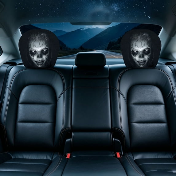 Car Headrest Covers Scary Face Printing Auto Seat Universal Elastic Headrest Protector with Glowing Eye Design Funny Halloween Decor for Interior Vehicle Truck SUV 11 Inch