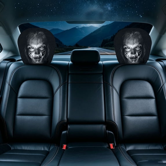 Car Headrest Covers Scary Face Printing Auto Seat Universal Elastic Headrest Protector with Glowing Eye Design Funny Halloween Decor for Interior Vehicle Truck SUV 11 Inch