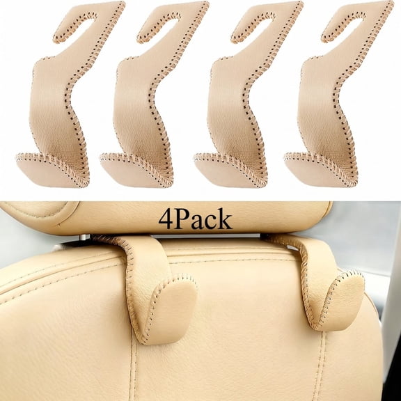 Car Headrest Hooks, 4 Pack Beige Leather Back Seat Hanger, Vehicle Storage Hooks for Purses Bags