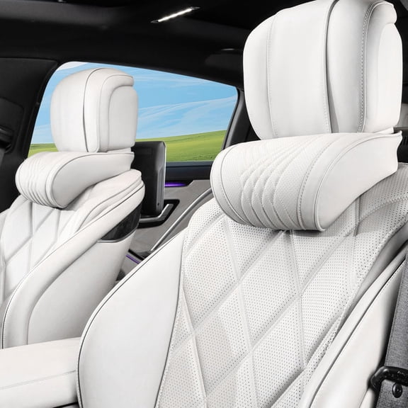 Car Headrest Memory Foam Neck Pillow for Driving with Leather Cover Soft Comfortable Seat Head Pillow Cushion for Most Cars SUV Sedan Home Office Off-White (Beige) (2PC)