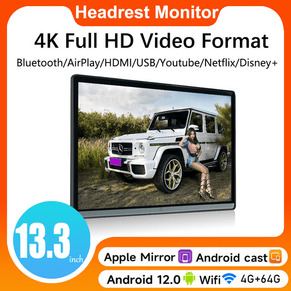 Car Headrest Monitor 13.3 inch 4G+64G IPS Display Android 12 Touch Screen For Car Rear Seat Player Video Dual HDMI