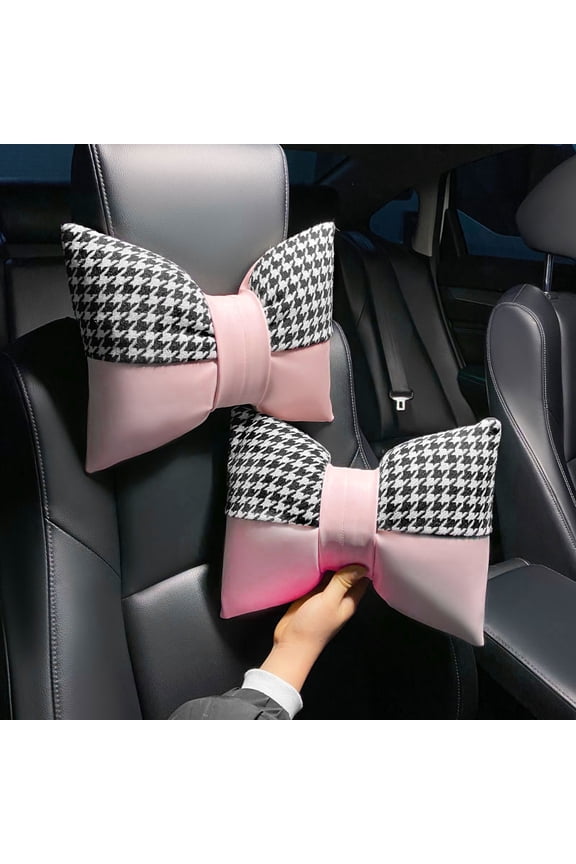 Car Headrest Neck Pillow Bow PU Leather Headrest, Pink Houndstooth, car Interior Decorative Accessories, 2 Pack