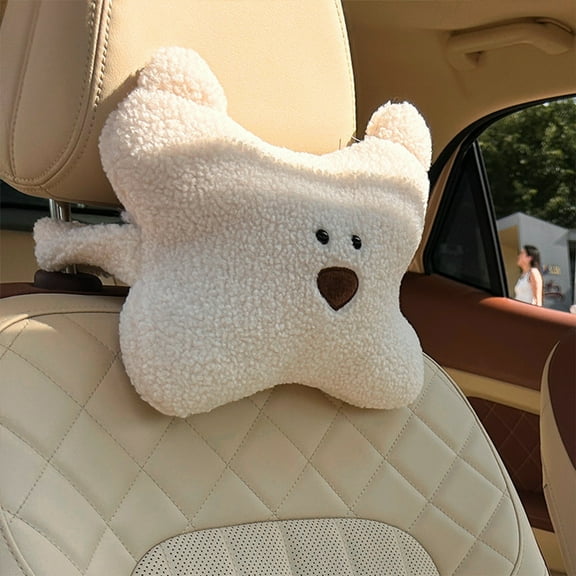 Car Headrest Neck Pillow, Cute Teddy Bear Headrest Cushion with Soft Velvet and Ergonomic Neck Support, Comfortable Car Seat Neck Protection Pillow for Driving Travel Office