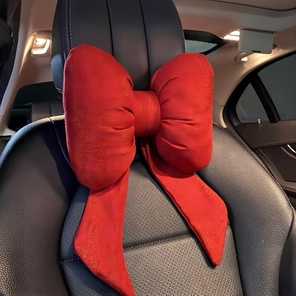 Car Headrest Neck Pillow - Red Bowknot with Floating Strap, Linen Material - For Car Seats, Auto Interior Decoration