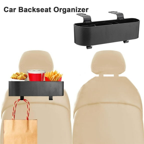 Car Headrest Organizer with Cup Holder - Multi-Functional Backseat Storage with Hooks, Drink & Snack Tray