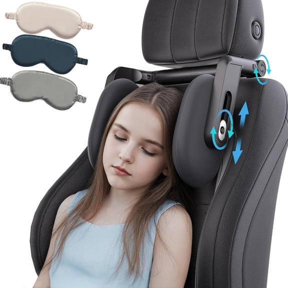 Car Headrest Pillow with Hook, Adjustable Car Seat Neck Support with Memory Foam & Ice Silk, 360 Rotating Travel Sleeping Headrest for Kids & Adults (1 Eye Mask Included)