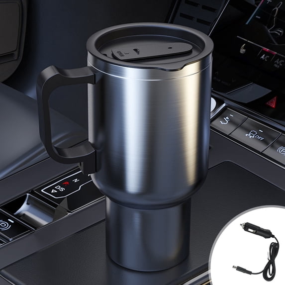 Car Heating Cup, 12V Portable Travel Mug for Coffee Tea Beverages, Stainless Steel Insulated Electric Heated Cup with Lid, Auto Vehicle Cup Warmer for Commuting Camping Road Trips