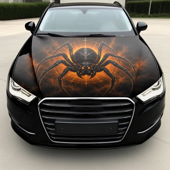 Car Hood Decal, Black Spider with Glowing Orange Web, 100 x 150 cm Large Graphic Hood Sticker for Cars SUVs Trucks, Decorative Vehicle Hood Graphic for Exterior Car Styling