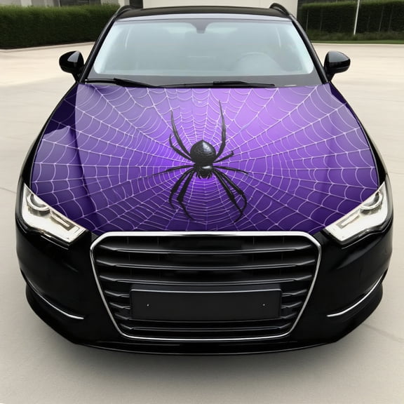 Car Hood Decal, Black Spider on Purple Spider Web Background, Waterproof Scratch-Resistant Vinyl Hood Wrap Sticker for Cars and SUVs, Gothic Exterior Vehicle Decoration