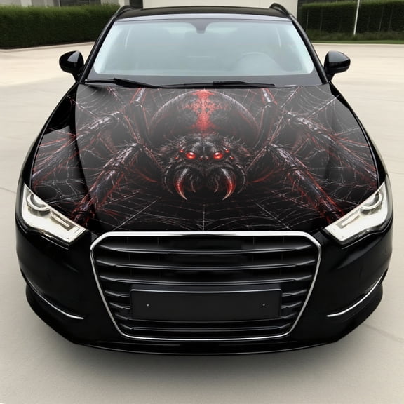 Car Hood Decal, Black Spider with Red Markings and Spiderweb Graphic on Dark Background, 100 x 150 cm Automotive Hood Sticker for Car SUV Truck Exterior Decor