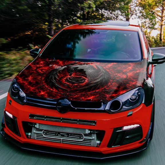 Car Hood Decal, Black Wolf Head in Crimson Swirling Fire and Smoke, 100 x 150 cm Printed Vinyl Graphic, Decorative Exterior Hood Wrap for Cars, SUVs and Custom Automotive Styling