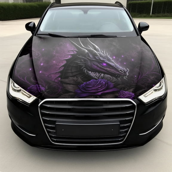 Car Hood Decal, Dark Dragon Head with Purple Rose and Mist Graphic, Waterproof Scratch-Resistant Vinyl Hood Wrap Sticker for Cars and SUVs, Fantasy Exterior Vehicle Decoration