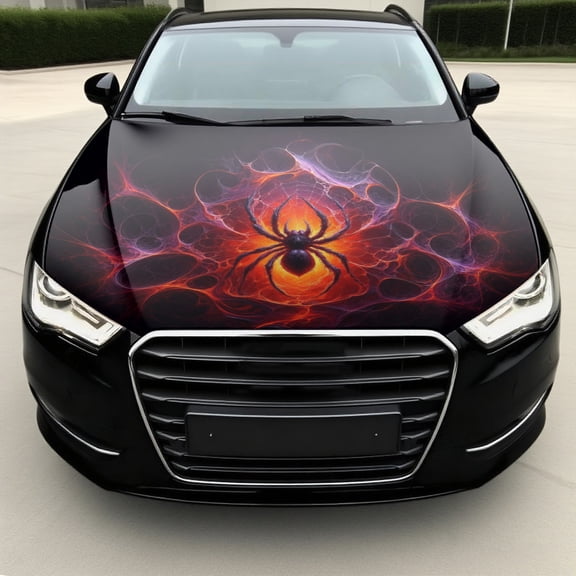 Car Hood Decal, Glowing Red Spider Surrounded by Purple Web Energy, Waterproof Scratch-Resistant Vinyl Hood Wrap Sticker for Cars and SUVs, Gothic Exterior Vehicle Decoration