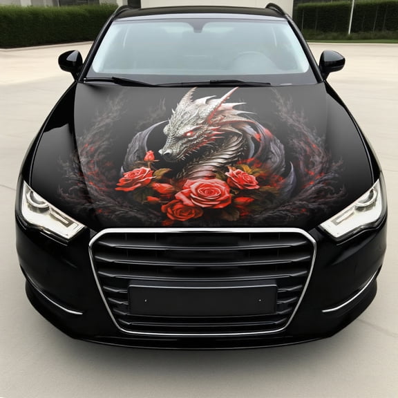 Car Hood Decal, Horned Dragon Head with Red Roses and Gray Smoke, Waterproof Scratch-Resistant Vinyl Hood Wrap Sticker for Cars and SUVs, Gothic Exterior Vehicle Decoration