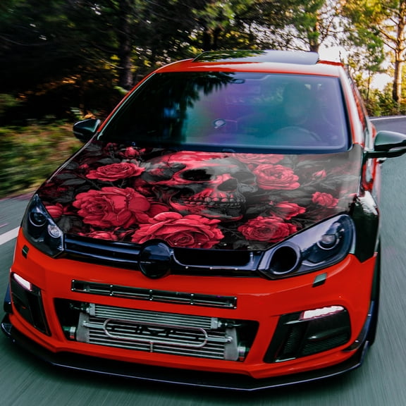 Car Hood Decal, Red Roses and Dark Skull on Black Background, 100 x 150 cm Printed Vinyl Graphic, Decorative Exterior Hood Wrap for Cars, SUVs and Custom Automotive Styling