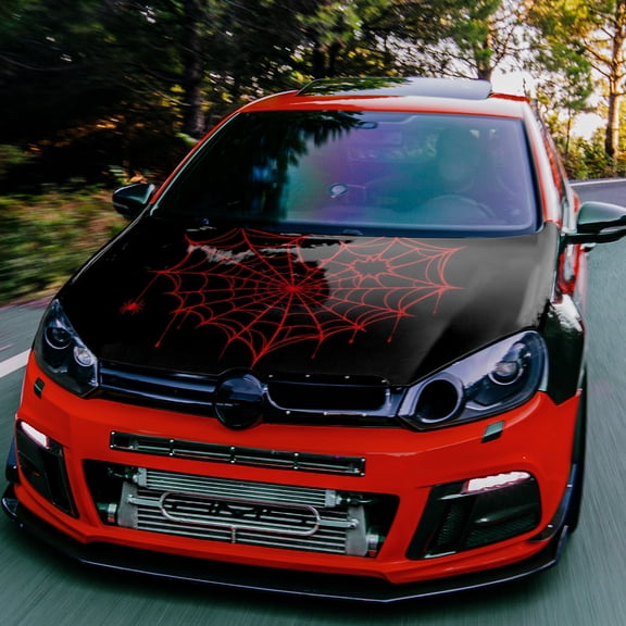Car Hood Decal Red Spider Web Graphic on Black Background 100 x 150 cm