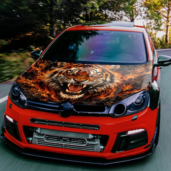Car Hood Decal, Roaring Tiger Face with Fiery Orange Glowing Swirls ...