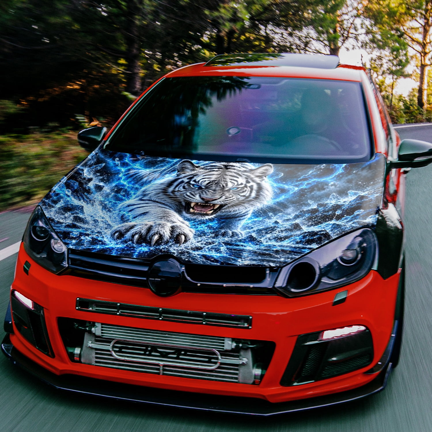 Bonned Car Sticker Car Hood Decal, Roaring White Tiger with Blue Electric Lightning, 100 x ...