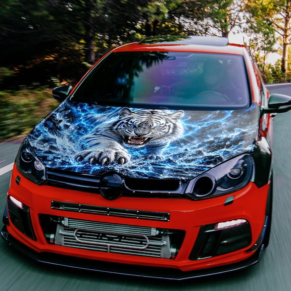 Car Hood Decal, Roaring White Tiger with Blue Electric Lightning, 100 x 150 cm Printed Vinyl Graphic, Decorative Exterior Hood Wrap for Cars, SUVs and Custom Automotive Styling