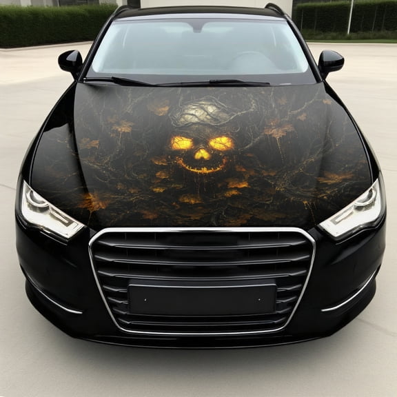 Car Hood Decal, Shadowy Pumpkin Face with Glowing Orange Eyes, Waterproof Scratch-Resistant Vinyl Hood Wrap Sticker for Cars and SUVs, Spooky Exterior Vehicle Decoration