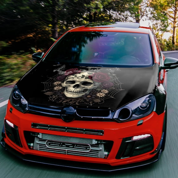 Car Hood Decal Skull with Roses and Spider Web Graphic 100 x 150 cm