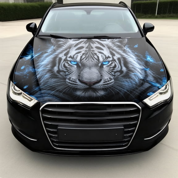 Car Hood Decal, White Tiger Face with Blue Glowing Eyes and Blue Flame Graphic, 100 x 150 cm Automotive Hood Sticker for Car SUV Truck Exterior Decoration