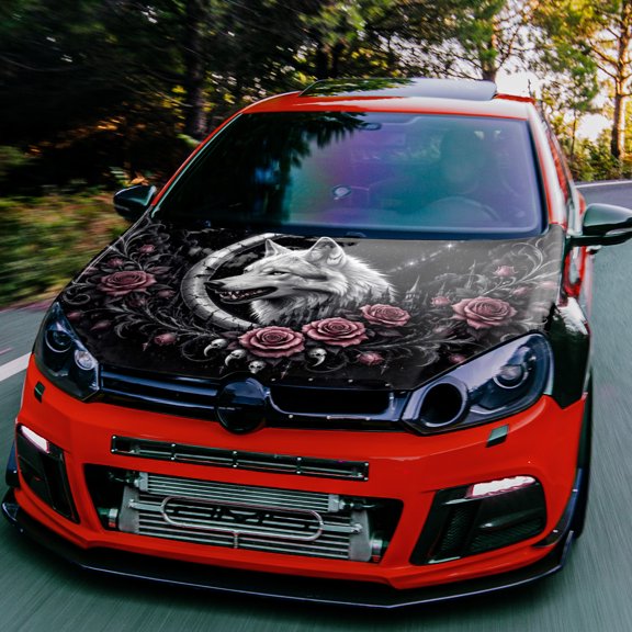 Car Hood Decal, White Wolf Portrait Surrounded by Pink Roses on Black, 100 x 150 cm Printed Vinyl Graphic, Decorative Exterior Hood Wrap for Cars, SUVs and Custom Automotive Styling