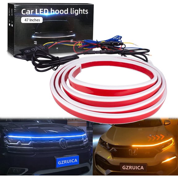 Car Hood Light Strip 47 Inches Exterior Strip Lights for Hood Flexible Waterproof Dynamic Scan Blue/Amber Switchback Sequential Turn Signal DC12V Daytime Running Light for Car, Truck