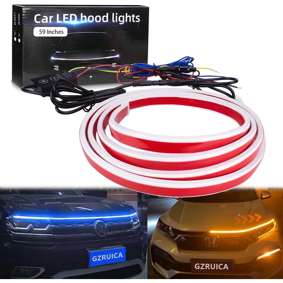 Car Hood Light Strip 59 Inches Exterior LED Strip Lights for Hood Flexible Waterproof Dynamic Scan Blue/Amber Switchback Sequential Turn Signal DC12V Daytime Running Light for Car, Truck
