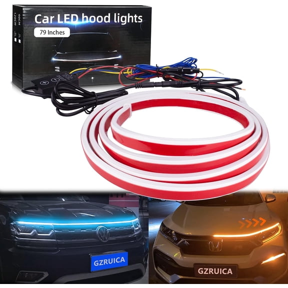 Car Hood Light Strip 79 Inches Exterior LED Strip Lights for Hood Flexible Waterproof Dynamic Scan Ice Blue/Amber Switchback Sequential Turn Signal DC12V Daytime Running Light for Trucks