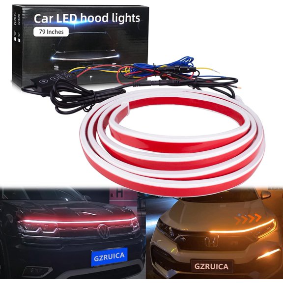 Car Hood Light Strip 79 Inches Exterior Strip Lights for Hood Flexible Waterproof Dynamic Scan Red/Amber Switchback Sequential Turn Signal DC12V Daytime Running Light for Car, Trucks