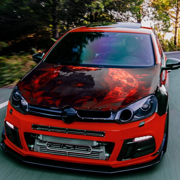 Car Hood Vinyl "Black Wolf Red Eye" - Durable PVC Sticker, Waterproof and UV-Resistant with Glowing Eyes and Fierce Wolf Head Design, Ideal for Trucks, SUVs, Boats - Easy to Install and Removable, Au