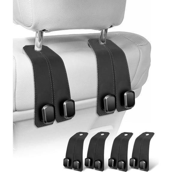 Car Hooks for Headrest, 4PCS Car Purse Hooks Luxurious leather 100% Metal Car Hangers for Seat Multifunctional Car Bag Hook Car Seat Back Storage Hook Accessories (Black)
