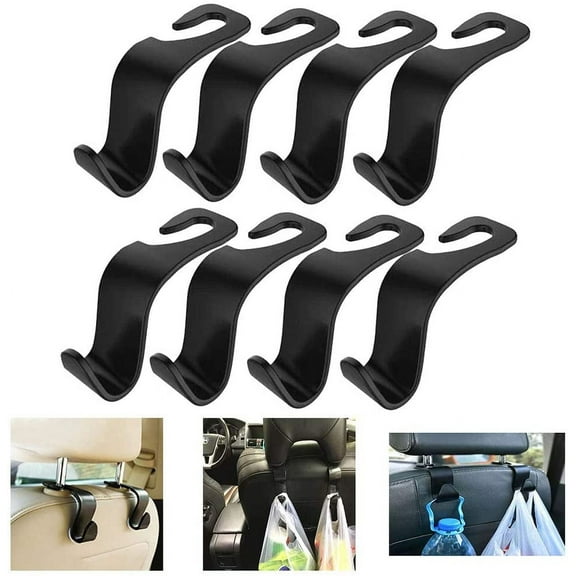 Car Hooks for Purses and Bags，Vehicle Back Seat Headrest Hanger Matching Cars Interior Genuine Leather Storage Holder Hook, 8 Pack, Black