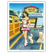 Car Hop Cutie - Retro Woodie with Surfboards and Pin Up Girl - From an Original Color Painting by Scott Westmoreland - Master Art Print (Unframed) 9in x 12in