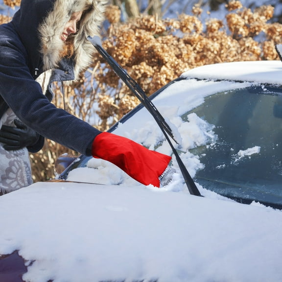 Car Ice Scraper Gloves Tool, Warm Mitt Snow Ice Removal Scraper with Built In Thick Lining Plastic Blade, Keep Hands Warm While Cleaning, Winter Windshield Cleaning Accessory for Drivers-Red