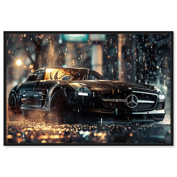 Car In The Rain Sport Car Man Cave Canvas Wall Art by Notoriart, Black Floater Frame, 15"x10"