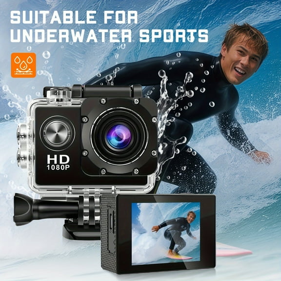 Compact 1080P Full HD Action Camera with 2" LCD Screen & 5MP Resolution -, 170° Wide-Angle Lens, 900mAh Rechargeable Battery - Ideal for Diving, Surfing, Cycling & Outdoor Adventures - Black