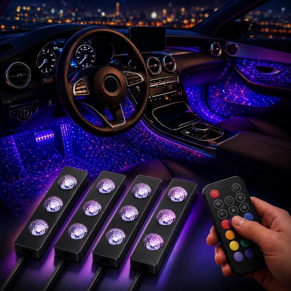 Car Interior Ambient Lights, 4Pcs RGB Star LED Kit with Sound & Remote | USB Plug-In Multicolor Footwell Accent Lighting, Music Reactive Underdash Glow for Carpets, Dashboards, SUVs & RVs