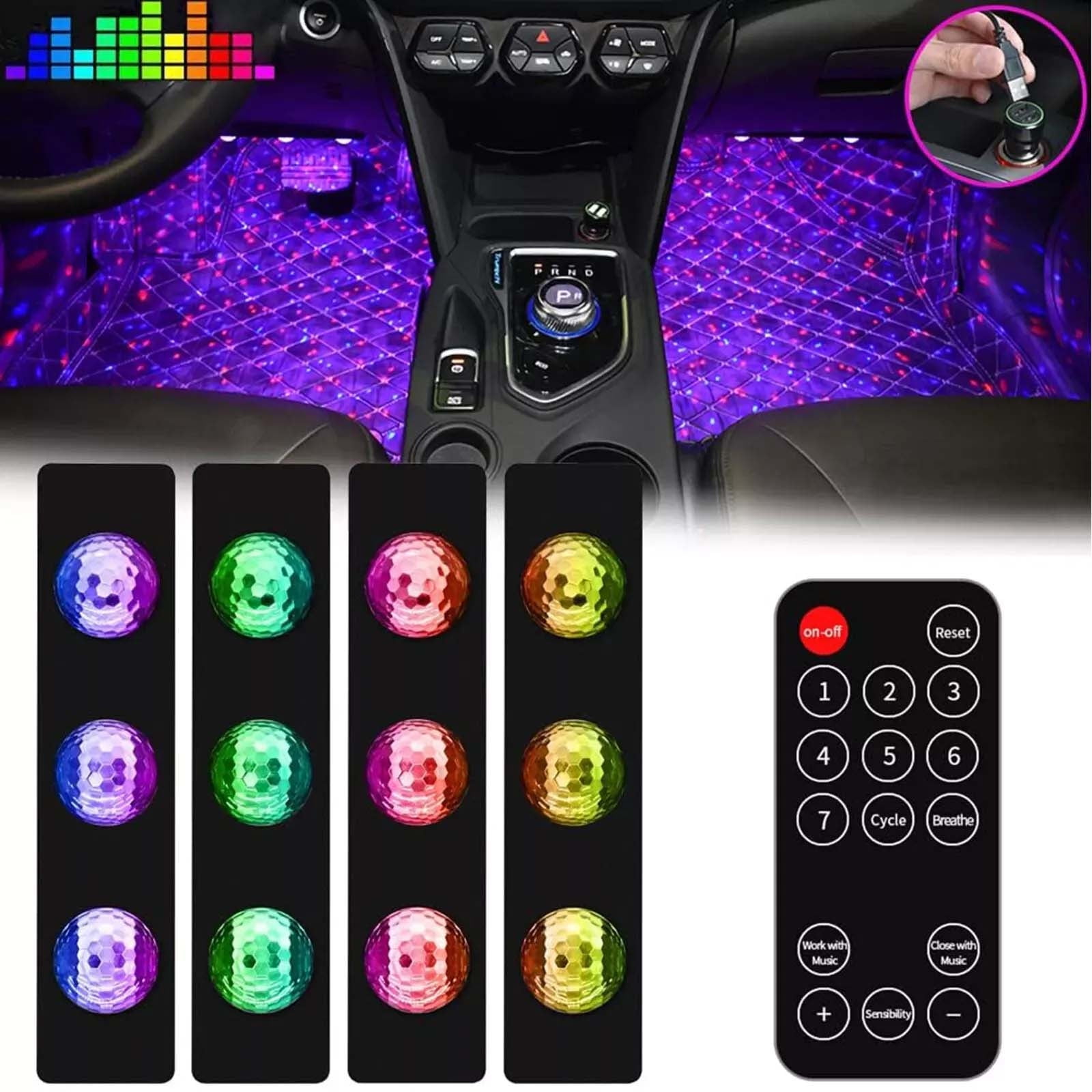 4pcs Car LED Lights Interior Wireless, 7 Colors Interior Car Lights With Sound Control Mode,6 Bright LED Lamp Beads, Portable USB Rechargeable Car Interior Led Night Light For Car Decor
