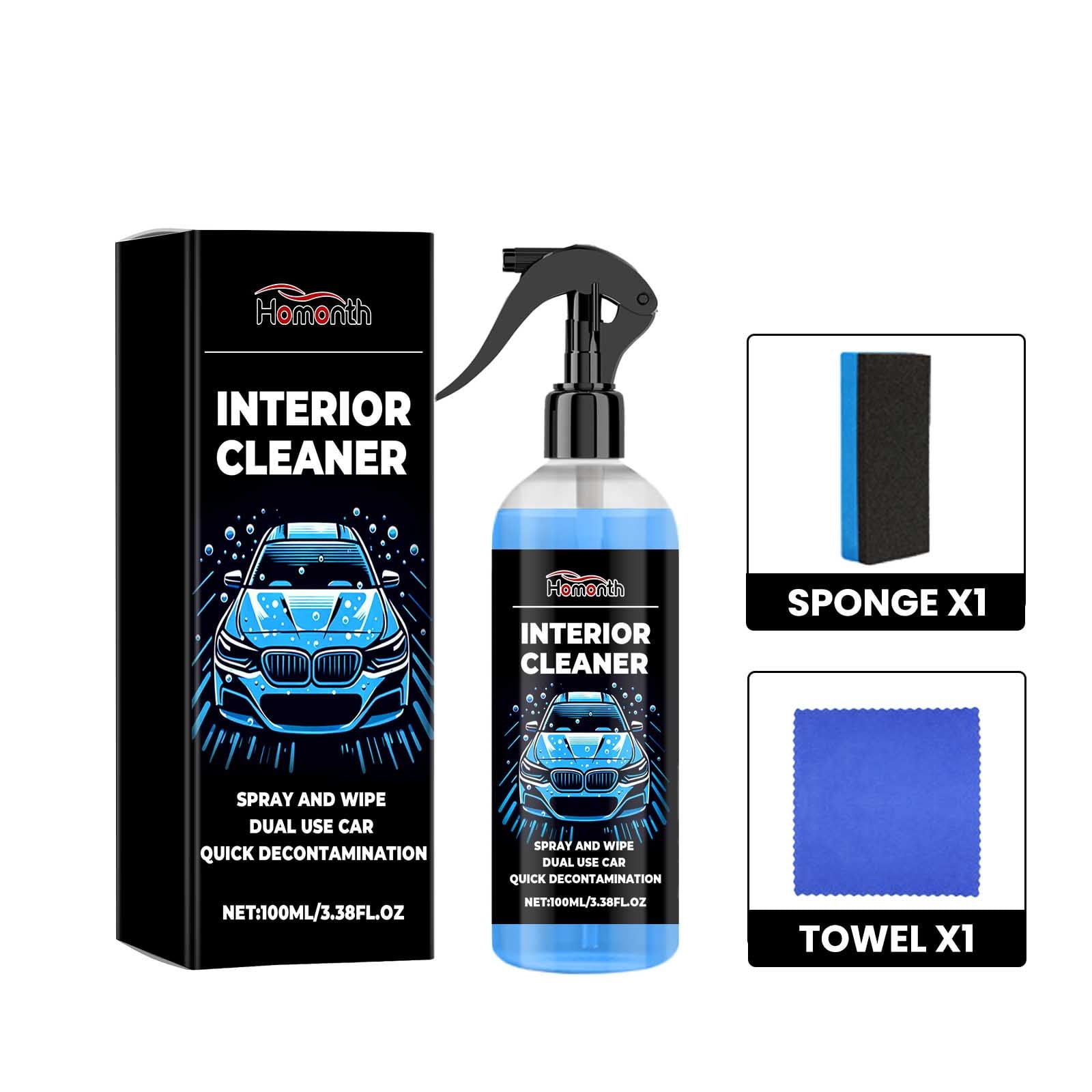 Car Interior Cleaner,Car Cleaner Spray for All Auto Surfaces,Stain Remover for Carpet, Upholstery, Fabric, and Much More,Cleaning Cloth,with Sponge