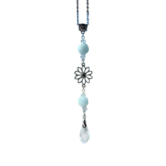 Car Interior Decor Hanging Charm For Rear View Mirror, Antique Silver Daisy Frame Pale Blue Bead Teardrop Crystal Pendant Daily Driving Vehicle Accessory