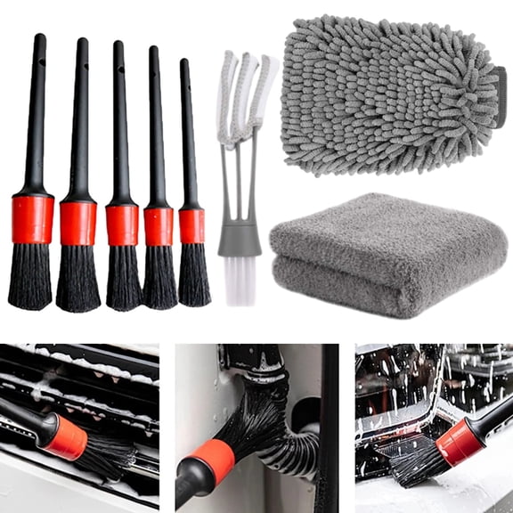 Car Interior Detailing Brush Set 8 Piece | Car Wash Gloves Microfiber Towel Combo Kit | No Scratch Safe for Wheels, Rims, Tires, Vents, Grills | Cars, Trucks, RVs, Boats | 5 Brushes + Glove + Towel