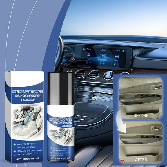 Car Interior Foam Cleaner 100ml, Multi-Purpose Automotive Foam Cleaner for Leather, Fabric and Plastic, Dirt, Stain and Grime Remover, Long-Lasting Interior Cleaning and Maintenance Spray