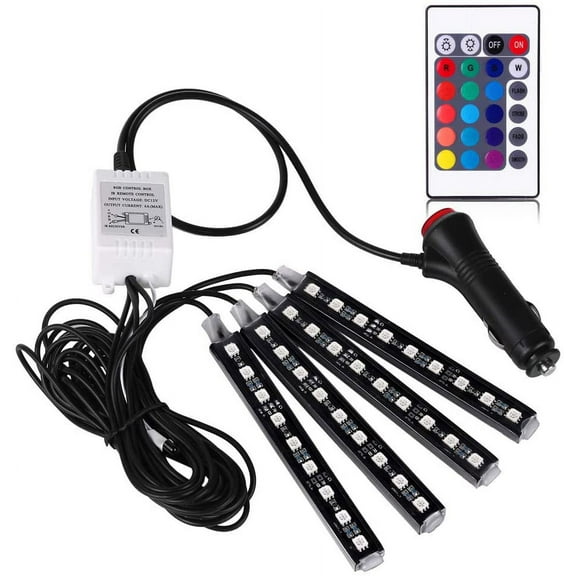 Car Interior LED Light Strip 4Pcs 36 RGB LED Multicolor Music Atmosphere Decorative Neon Light Underdash Lighting Kit